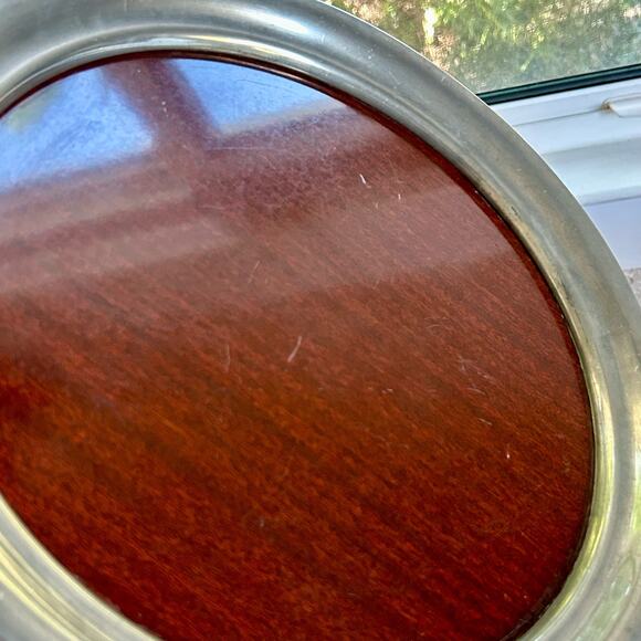 Vintage 1940s American Pewter & Faux Wood Formica Round Cocktail Bar Tray Deco - Picture 7 of 11